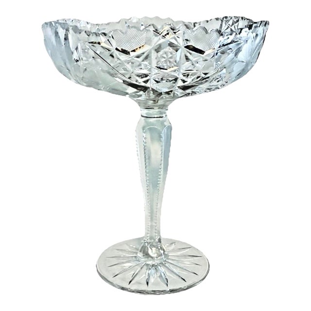 Early 20th Century American Brilliant Period Cut Glass Etched Floral Crystal Pedestal Compote, Notched Stem For Sale