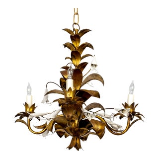 1950s Italian Gilt Botanical 4-Light Chandelier For Sale