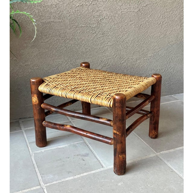 Rustic Chic Mid 20th-Century Hickory Wood & Handwoven Double Twill Plaited Cane Bench For Sale - Image 4 of 18