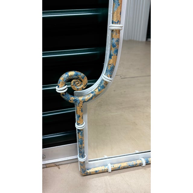 Metal Vintage Palm Beach Regency Uttermost Chinoiserie Pagoda Wall Mirror - Bespoke Blue and Gold Finish -Newly Painted For Sale - Image 7 of 10