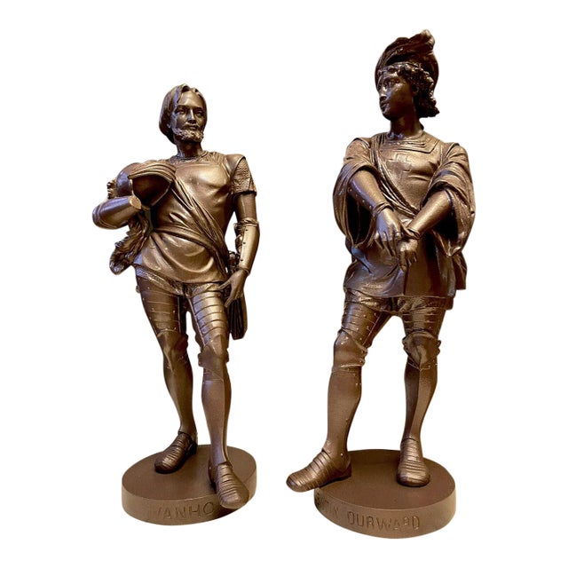 Pair Antique Patinated Metal Sculptural Statues of English Literary Figures, Ivanhoe & Durward For Sale