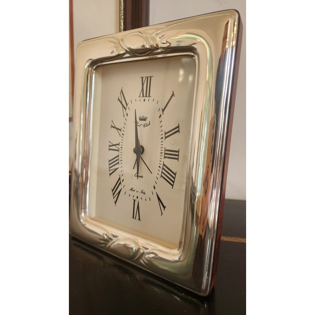 1980s Italian Real Clock 925 Sterling Silver-Clad Desk Clock With Mahogany-Tone Wood Case For Sale In New York - Image 6 of 18