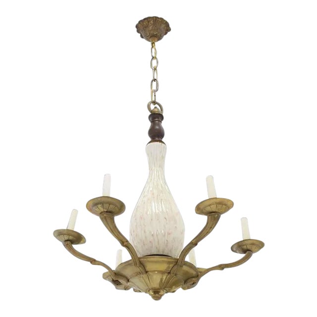Vintage Mid Century Brass and Murano Glass 6 Arms Light Fixture Chandelier For Sale