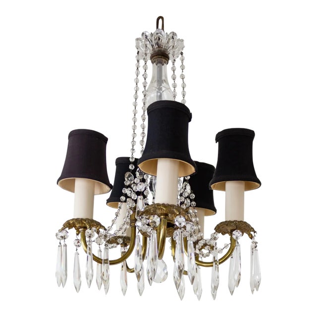 Petite French Louis XV Style Five Arm Crystal Chandelier With Black Lampshades For Sale