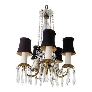 Petite French Louis XV Style Five Arm Crystal Chandelier With Black Lampshades