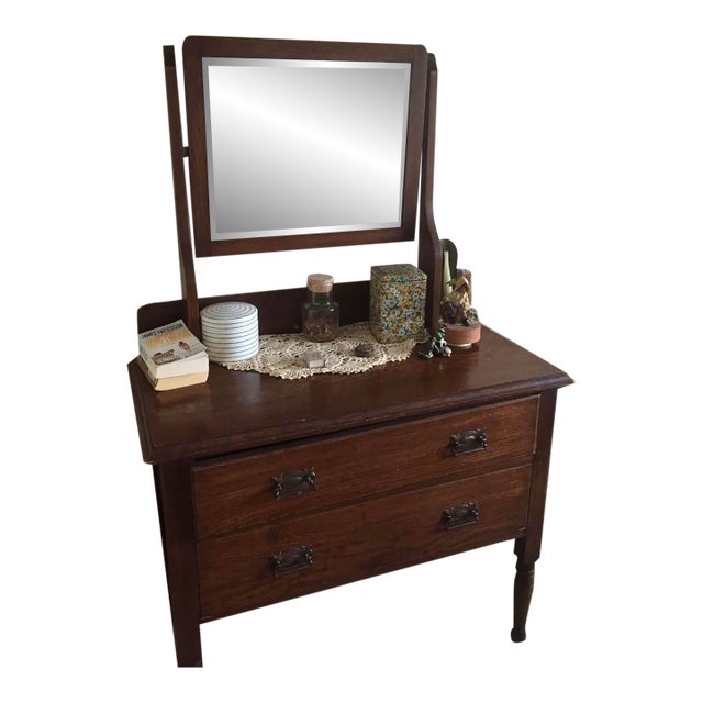 Oak Antique Rolling Vanity With Beveled Swivel Tilt Mirror , Multi Drawer For Sale