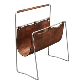 Italian Modernist Leather and Chrome Magazine Rack, 1980s For Sale