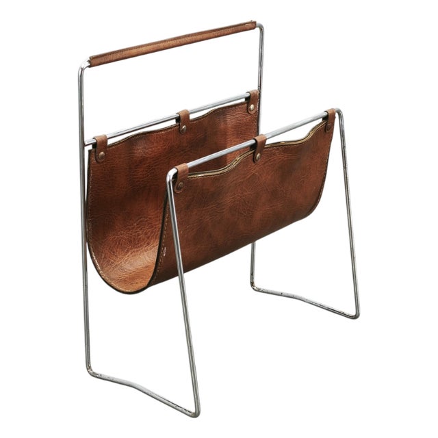 Italian Modernist Leather and Chrome Magazine Rack, 1980s For Sale