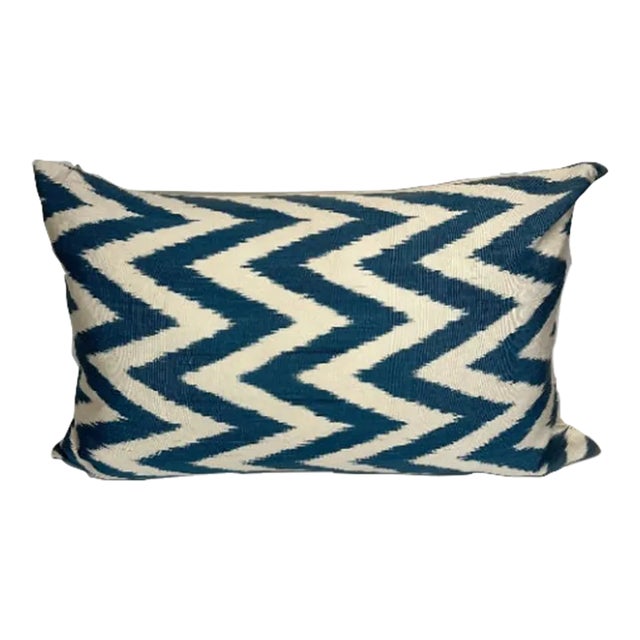 Turkish Modern Blue Silk Ikat Pillow Cover For Sale