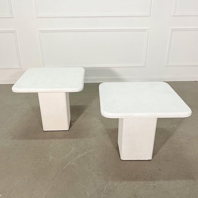 Contemporary Textured White Pedestal Side Tables - A Pair For Sale - Image 3 of 5