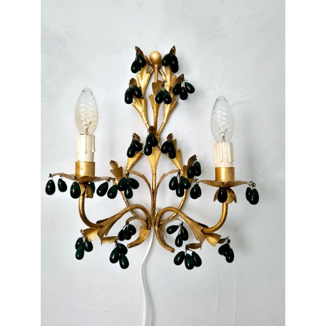 Metal Wall Lights in Gilted Metal with Green Glass Drops, 1890s, Set of 2 For Sale - Image 7 of 11