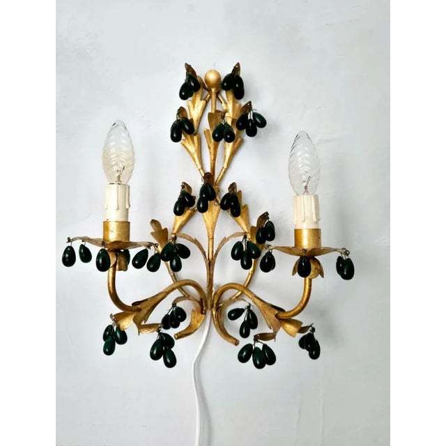 Metal Wall Lights in Gilted Metal with Green Glass Drops, 1950s, Set of 2 For Sale - Image 7 of 11