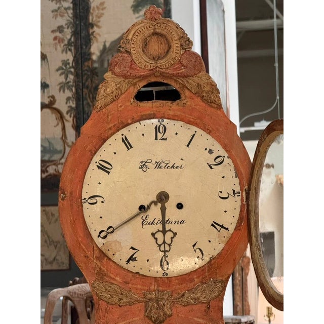 Wood Swedish Mora Clock With Carving and Elegant Lyre-Form Case For Sale - Image 7 of 9