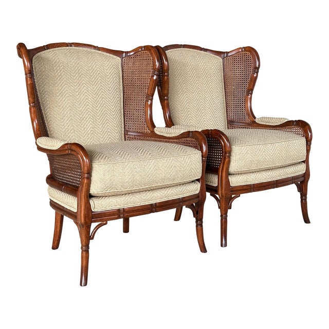 Pair Ethan Allen Faux Bamboo Cane Wingback Chairs Chairish