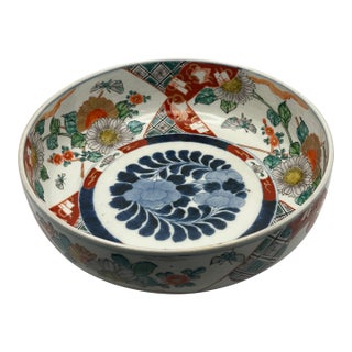 Antique Japanese Imari Porcelain Bowl - 10" Meiji Period Arita Ware - Hand-Painted Floral For Sale