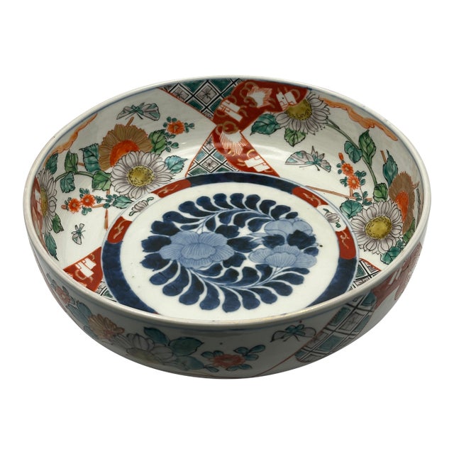 Antique Japanese Imari Porcelain Bowl - 10" Meiji Period Arita Ware - Hand-Painted Floral For Sale