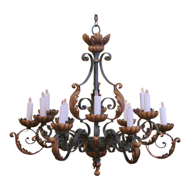 Early 20th Century French Louis XV Verdigris and Gilt 12-Light Iron Chandelier For Sale