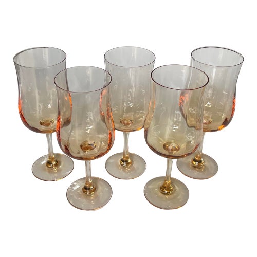 Late 20th Century Handblown Crystal Faceted Amber Goblets