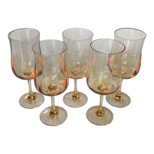 Late 20th Century Handblown Crystal Faceted Amber Goblets