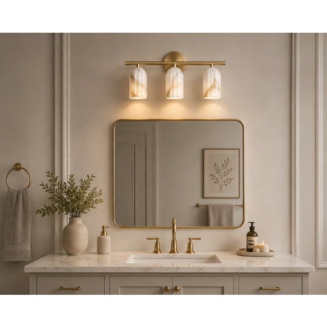Metal Handcrafted Brass 3-Light Vanity Sconce With Natural Alabaster Shades, Luxury Bathroom Lighting For Sale - Image 7 of 9