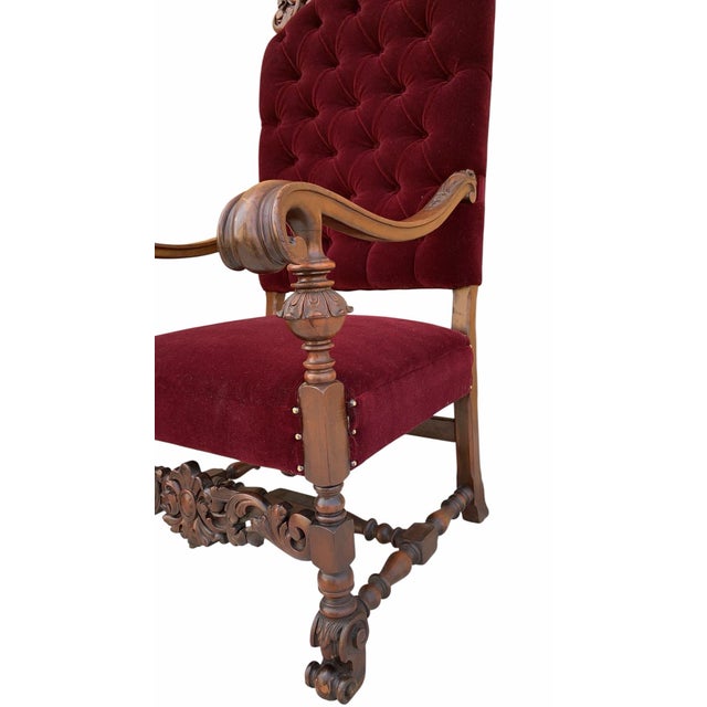 Antique French Regency Style Ornate Caved Walnut Throne Chairs Newly Reupholstered in a Burgundy Mohair - Pair Gorgeous...
