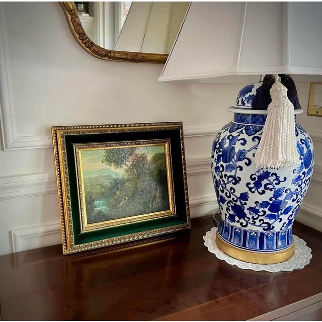 19th Century Style European Landscape Oil Painting, Giltwood & Green Velvet Frame For Sale - Image 4 of 7