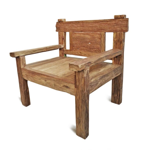 Early 21st Century Vintage Outdoor Rustic Railway Wood Arm Chair For Sale - Image 5 of 8