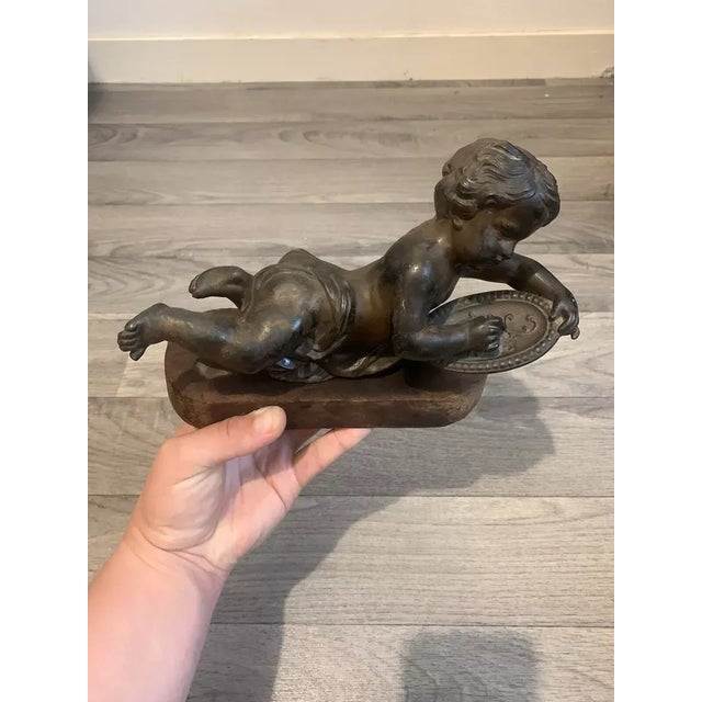 18thc French Antique Renaissance Bronze Sculpture "Reclining Cherub Artist" For Sale - Image 12 of 12