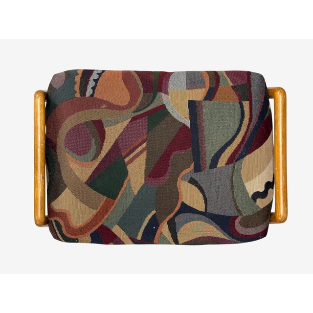 1950s Danish Modern, Aztec Fabric, Light Stained Wood, Footstool, Denmark, 1950s For Sale - Image 5 of 8