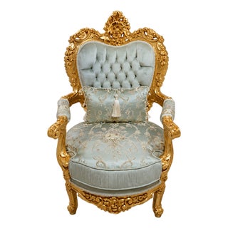Luxury French Louis XV Armchair – Sky Blue Damask Upholstery With Gold Leaf Frame & Tufted Back For Sale