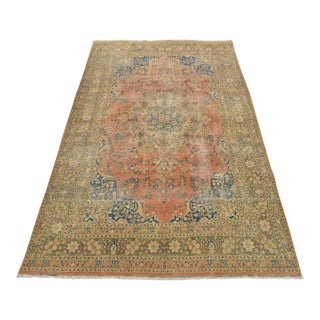 Tabriz Rug 6’6” X 9’9” Pink Wool Vintage Distressed Hand-Knotted Carpet For Sale