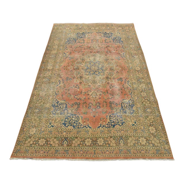 Tabriz Rug 6’6” X 9’9” Pink Wool Vintage Distressed Hand-Knotted Carpet For Sale