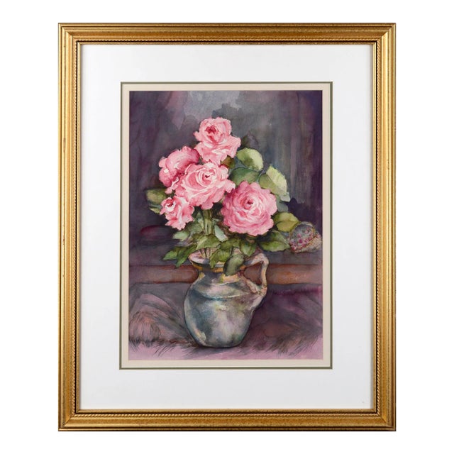 Late 20th Century "Pink Roses" Spring Bouquet Still-Life Painting by Nancy Martin, Framed For Sale