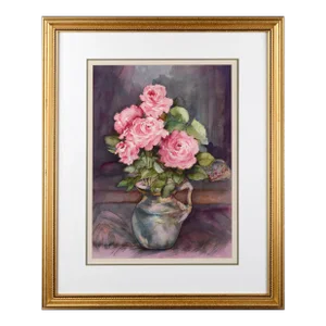 Late 20th Century "Pink Roses" Spring Bouquet Still-Life Painting by Nancy Martin, Framed