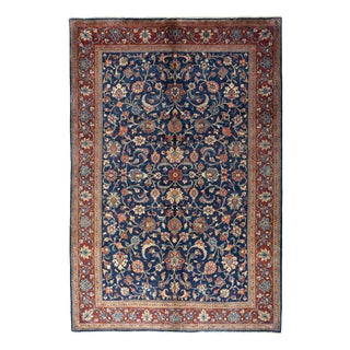 Hand-Knotted Sarogh Rug in Floral Pattern on Deep Blue Background For Sale