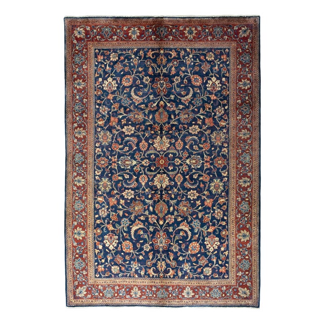 Hand-Knotted Sarogh Rug in Floral Pattern on Deep Blue Background For Sale