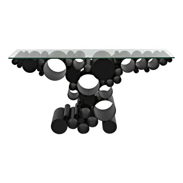 Paradox Console, Black Iron with Glass Top For Sale