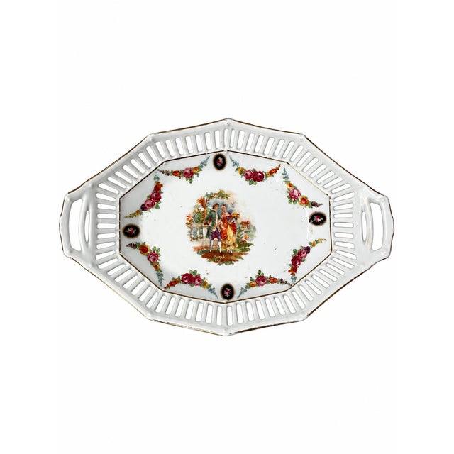 French Country 1940s German Porcelain Pierced Handled Tray With Courting Couple and Floral Garlands For Sale - Image 3 of 6