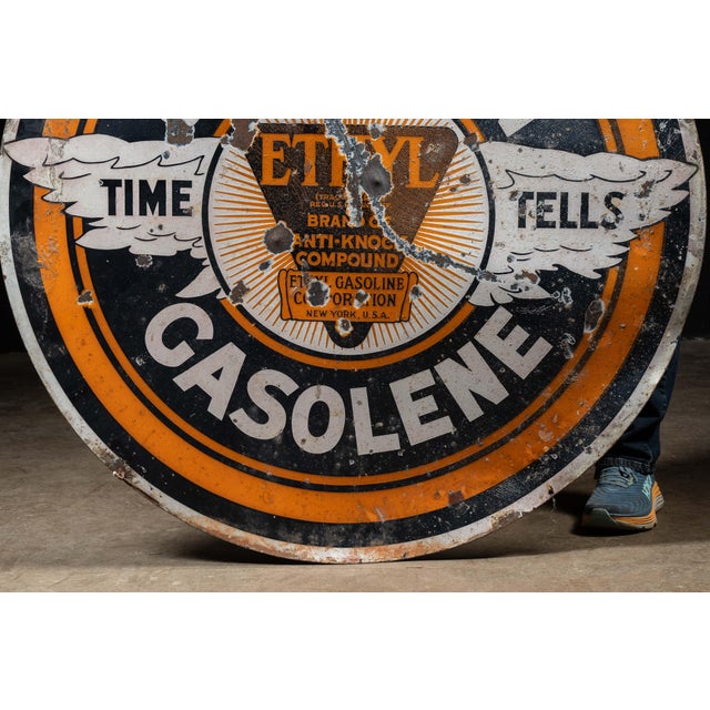 Metal John1920s–1930s Johnson Gasolene With Ethyl Double-Sided Porcelain Sign For Sale - Image 7 of 13