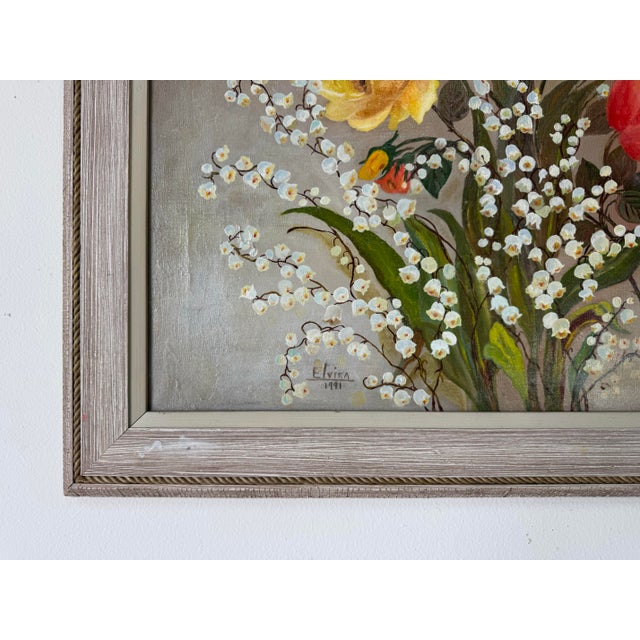 Yellow 1990's Vintage Elvira Floral Still Life Oil on Canvas Painting – Signed For Sale - Image 8 of 12