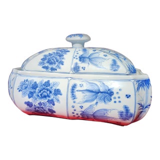 Posh Mark Canton Export 39.5" Circumference Hand Painted Blue & White Koi Tureen or Catchall Casket of 20th Century For Sale