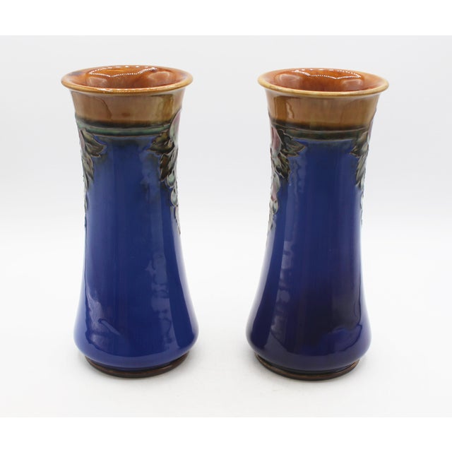 Pair of Arts & Crafts Vases by Royal Doulton, 1922-1927, England. Flair rimmed, stoneware, superb cascade of tube-lined...