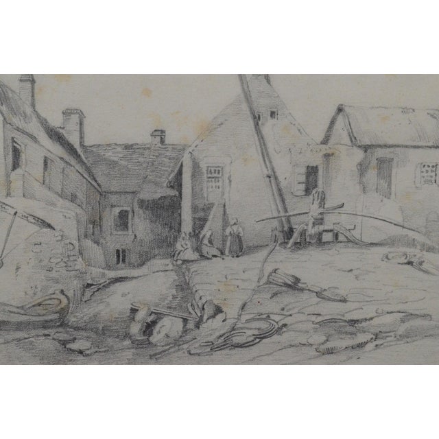 Mid 19th Century French School 1840 Antique Pencil Drawing of a Coastal Village and Fishing Boats For Sale - Image 5 of 6