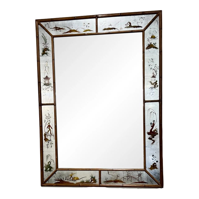1950s Eglomaise La Barge Style Reverse Painted Asian Theme Wall Mirror For Sale