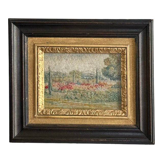 Antique Irish Petit Point Needlepoint Art of Garden Landscape For Sale