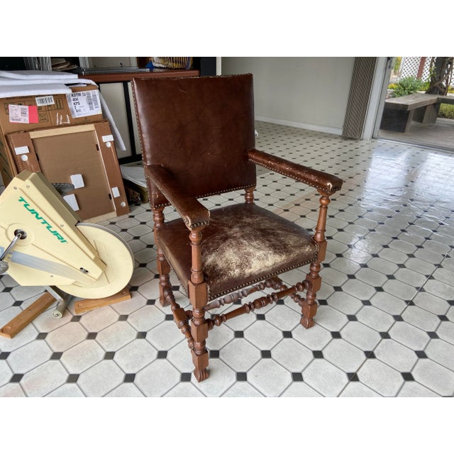 Antique High Back Carved Wood Leather Chair For Sale In Sacramento - Image 6 of 12