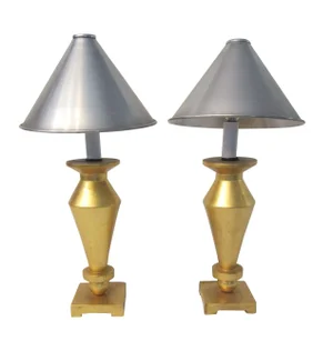Gold Wood Lamps With Aluminum Shades - A Pair