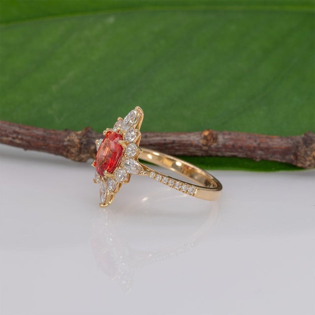 Metal 1.5Ct Padparadscha Sapphire Ring With Natural Diamond Accents: Solid 14k Gold, Size 6.75 For Sale - Image 7 of 10