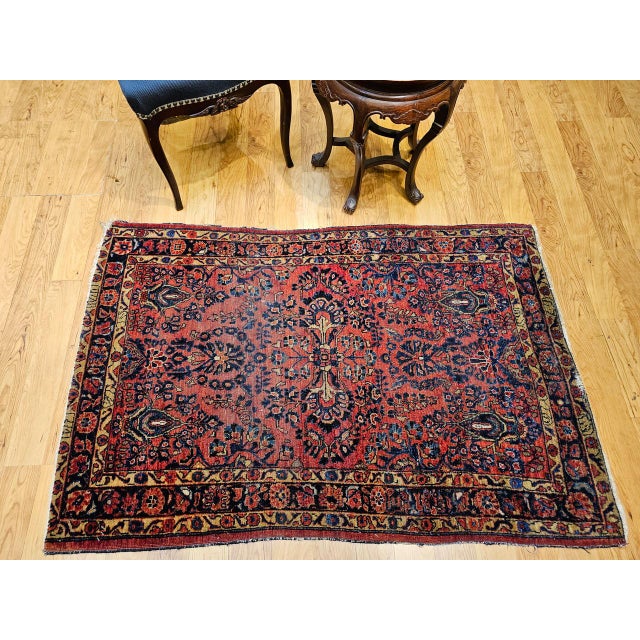 Persian Vintage Persian Sarouk Area Rug, Hand-Knotted Wool, Allover Floral Pattern, 3x5, Red& Navy For Sale - Image 3 of 14