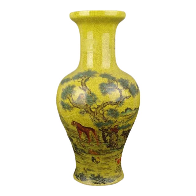 Chinese Ceramic Qing Dynasty Qianlong Marked Yellow Ground Crackle Glaze Porcelain Vase Hand Painted Twelve Chinese Zodiac Signs Pattern For Sale